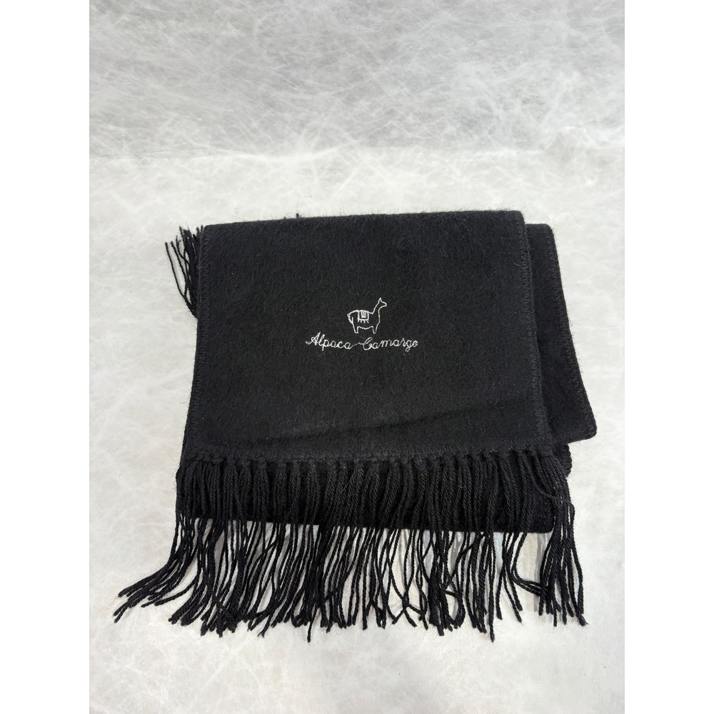 Alpaca Camargo‎ Black Scarf Embroidered Logo Fringe Made in Peru Alpaca Wool